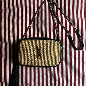 Saint Laurent YSL Raffia Straw Crossbody Bag Gold Chain Tassel Summer Bag